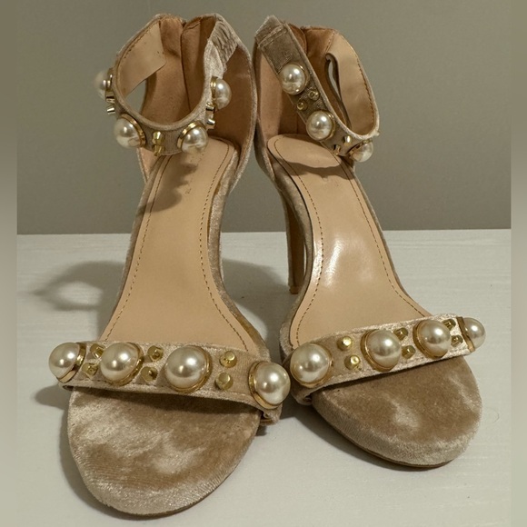 Jacobies Pearl embellished taupe nude suede ankle strap sandals open toe heels 9 - Picture 11 of 11